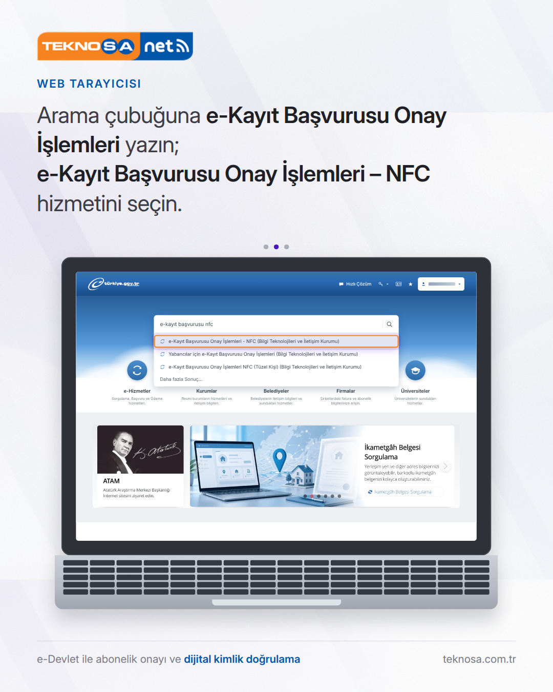 Adım 2: Arama çubuğuna e-Kayıt Başvurusu Onay İşlemleri yazın; e-Kayıt Başvurusu Onay İşlemleri – NFC hizmetini seçin.